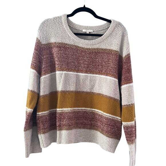 Skies Are Blue Women’s XL Striped Chenille Fall Sweater Mustard Rust Beige Soft - Picture 1 of 4
